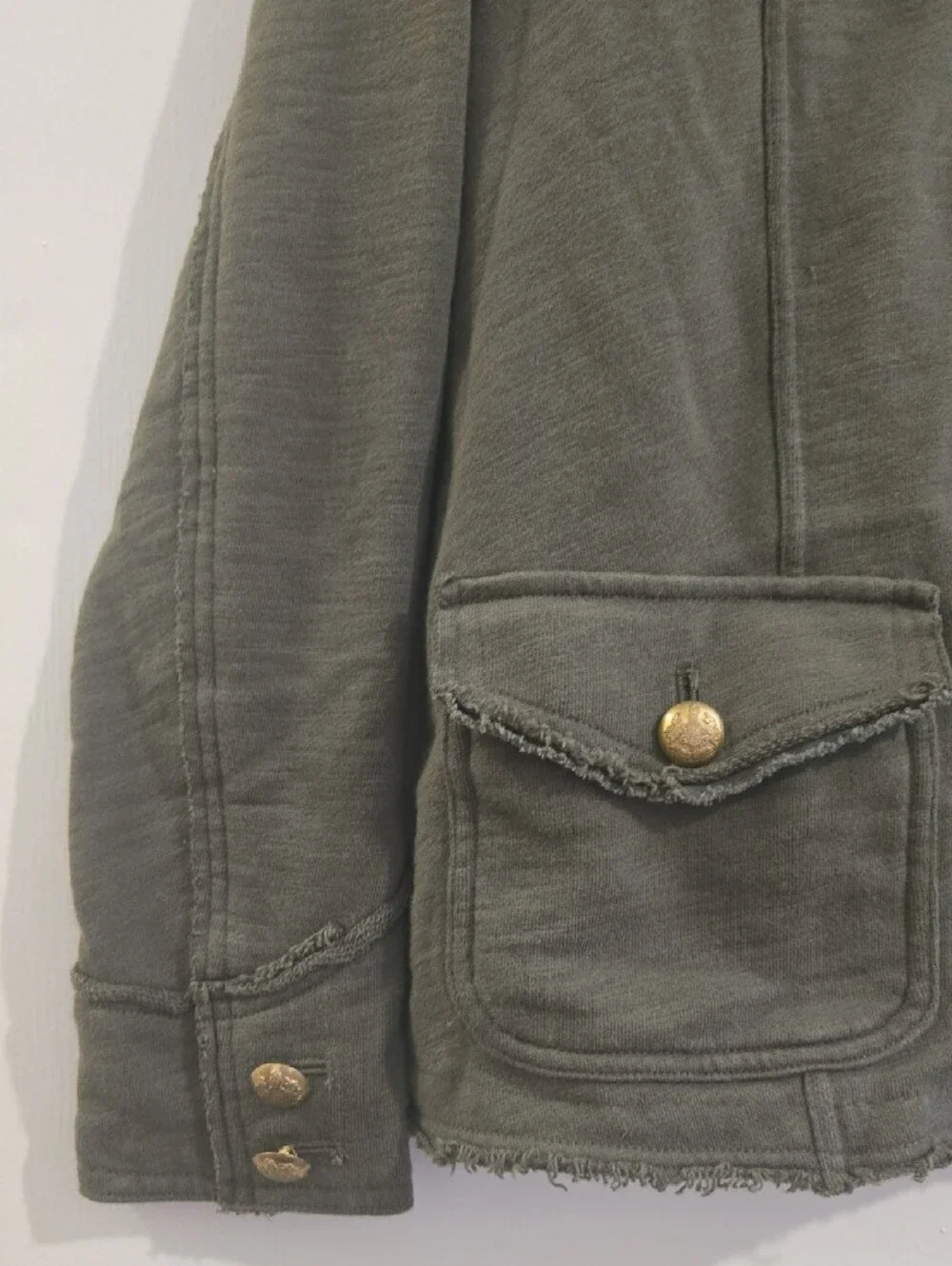 LRL Olive Green French Terry Cargo Utility Jacket Buttons S Military Style Layer